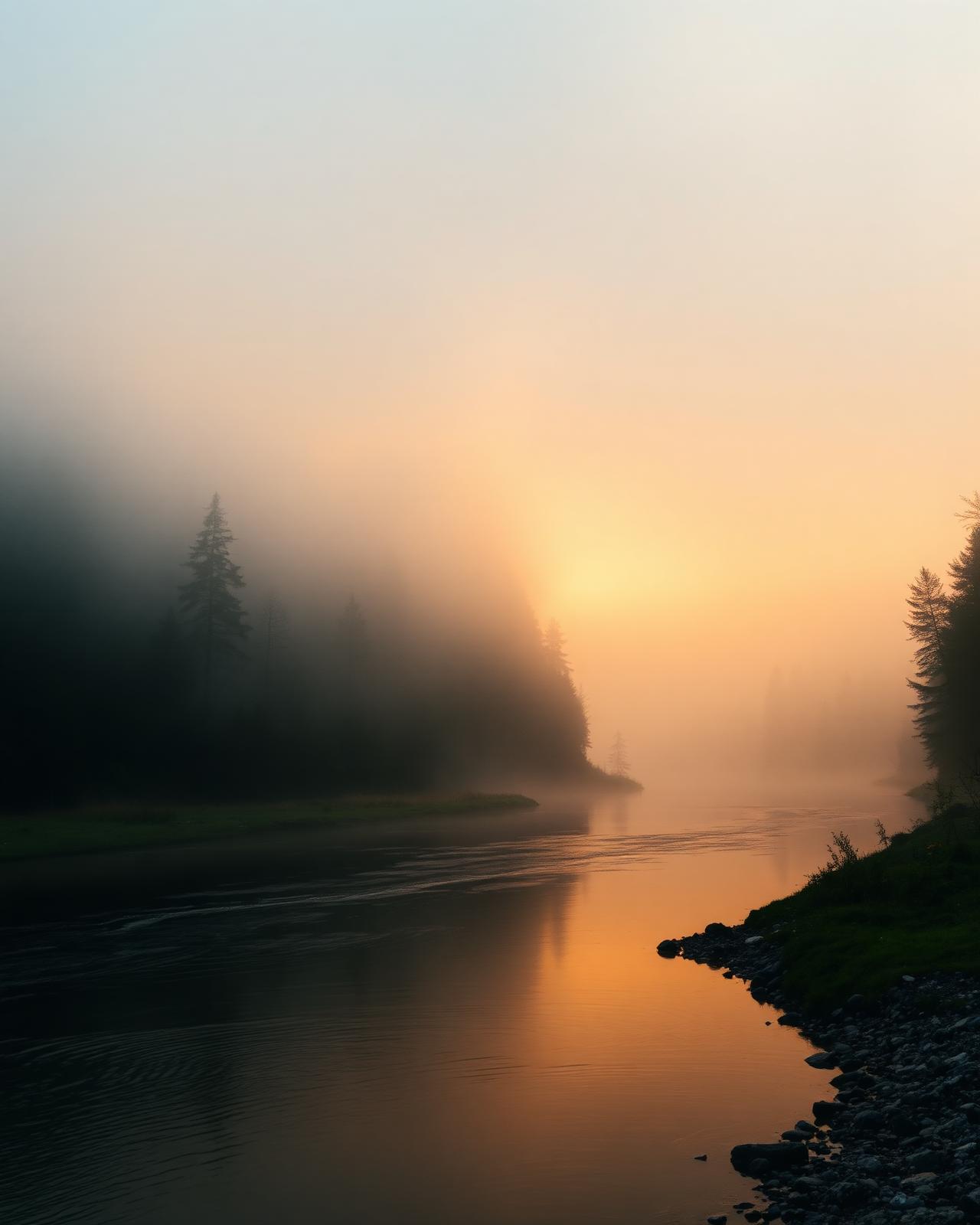 Misty river at golden hour